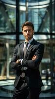 Businessman with arms crossed, standing in front of glass office building photo