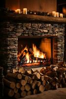 Cozy fireplace. Burning logs, warm colors, and holiday decorations photo