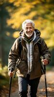 más viejo hombre excursionismo en naturaleza con un caminando palo foto