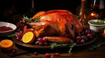 Roasted turkey for traditional thanksgiving dinner on rustic table photo