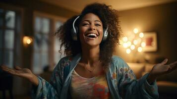 un alegre africano americano mujer bailando en su sofá foto