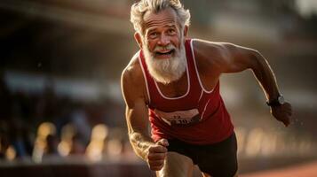 Envejecido atleta corriendo en un pista con determinación foto