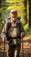 más viejo hombre excursionismo en naturaleza con un caminando palo foto