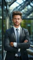 Businessman with arms crossed, standing in front of glass office building photo