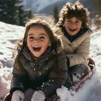 Cheerful siblings having fun in the snow photo