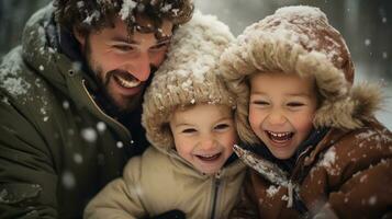 amoroso familia jugando en el nieve y haciendo recuerdos foto