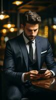 Male executive in suit and tie checking email on smartphone photo