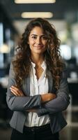 Confident female entrepreneur standing with arms crossed and smiling at camera photo