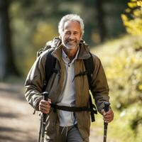más viejo hombre excursionismo en naturaleza con un caminando palo foto