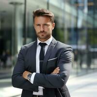 Businessman with arms crossed, standing in front of glass office building photo