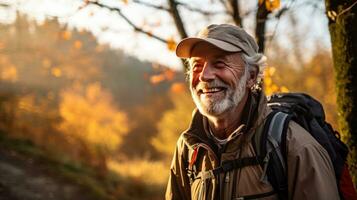 más viejo hombre excursionismo en naturaleza con un caminando palo foto