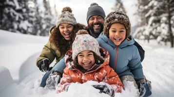 Parents and children sledding down snowy hill together photo