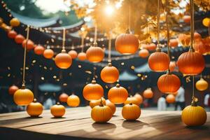 calabazas colgando desde el techo en un oriental ajuste. generado por ai foto