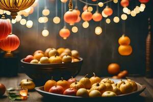 un mesa con manzanas y naranjas en él. generado por ai foto