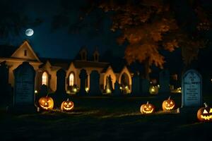 halloween pumpkins in a graveyard at night. AI-Generated photo