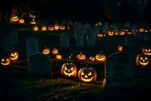 halloween pumpkins in a graveyard lit up at night. AI-Generated photo