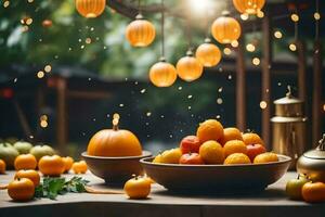 un mesa con naranjas y manzanas en él. generado por ai foto