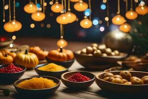 un mesa con bochas de comida y velas generado por ai foto