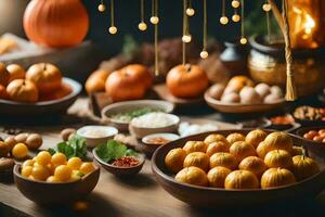 a table with many different types of food. AI-Generated photo