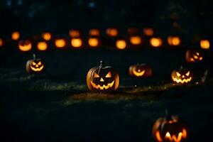 Víspera de Todos los Santos calabazas en el oscuro con un ligero. generado por ai foto