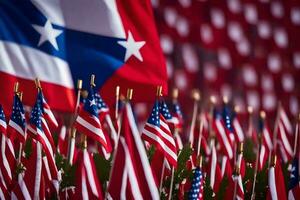 a large group of american flags are in front of a red background. AI-Generated photo