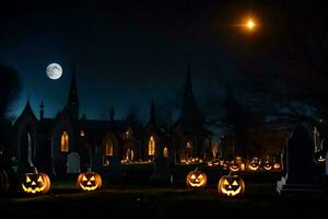 halloween pumpkins in a graveyard at night photo