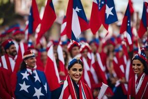 un grupo de personas con banderas y rojo y blanco. generado por ai foto