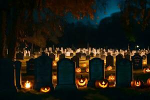 Víspera de Todos los Santos calabazas en un cementerio a noche. generado por ai foto