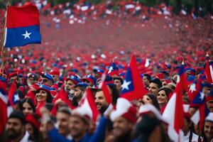 a crowd of people holding flags and wearing red and blue. AI-Generated photo