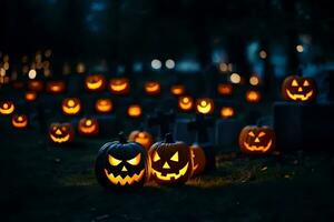 halloween pumpkins in the cemetery at night. AI-Generated photo