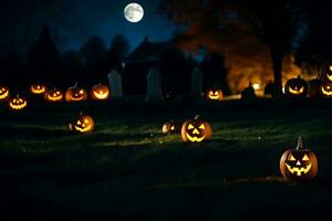 halloween pumpkins in the grass at night. AI-Generated photo