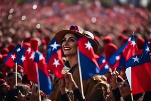 un mujer en un sombrero y rojo y azul banderas generado por ai foto