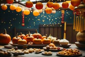 pumpkins, nuts and other food are displayed on a table. AI-Generated photo