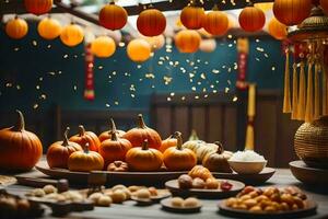 calabazas, nueces y otro comida son desplegado en un mesa. generado por ai foto