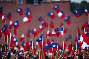 a crowd of people waving flags in front of a building. AI-Generated photo