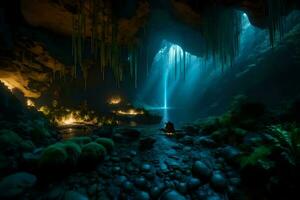 a cave with a waterfall and light coming from it. AI-Generated photo