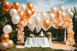 a wedding cake is surrounded by balloons and white and gold decorations. AI-Generated photo