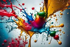 colorful paint splashes on a gray background. AI-Generated photo