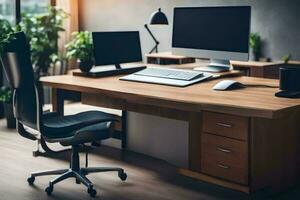 a desk with a computer, monitor and keyboard. AI-Generated photo