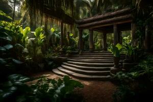 a garden with steps leading to a gazebo. AI-Generated photo