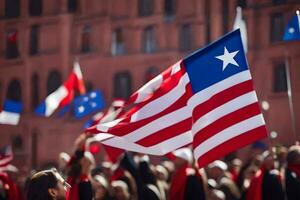 a crowd of people holding american flags. AI-Generated photo
