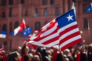 a crowd of people holding american flags. AI-Generated photo