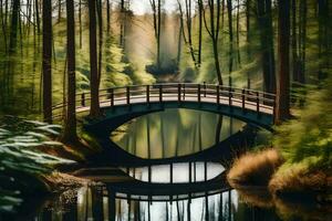 a bridge in the woods with trees and water. AI-Generated photo