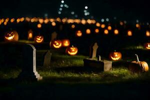 halloween pumpkins in a graveyard at night. AI-Generated photo