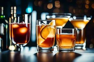 a variety of alcoholic drinks on a table. AI-Generated photo