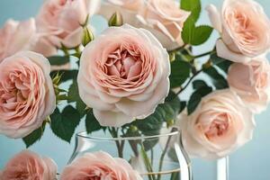 rosado rosas en un claro florero en un mesa. generado por ai foto