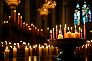 candles are lit in a church with candles in the background. AI-Generated photo