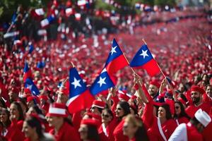 un grande grupo de personas en rojo y azul. generado por ai foto