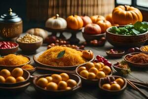a table with many different types of food. AI-Generated photo