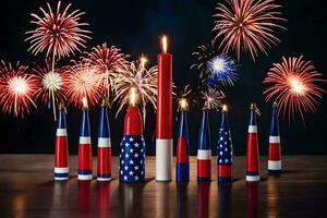 fuegos artificiales y velas en el forma de el americano bandera. generado por ai foto